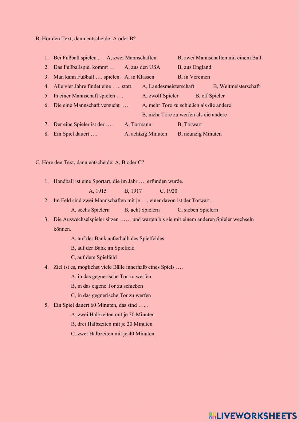 Leseverstehen, Hörverstehen - Sport