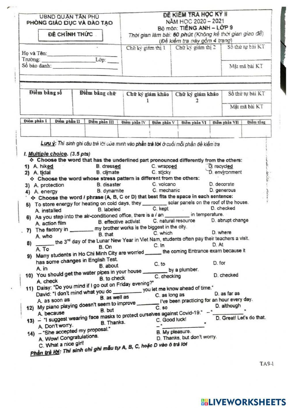 Đề thi cuối hk2 - Grade 9  - Quận Tân Phú