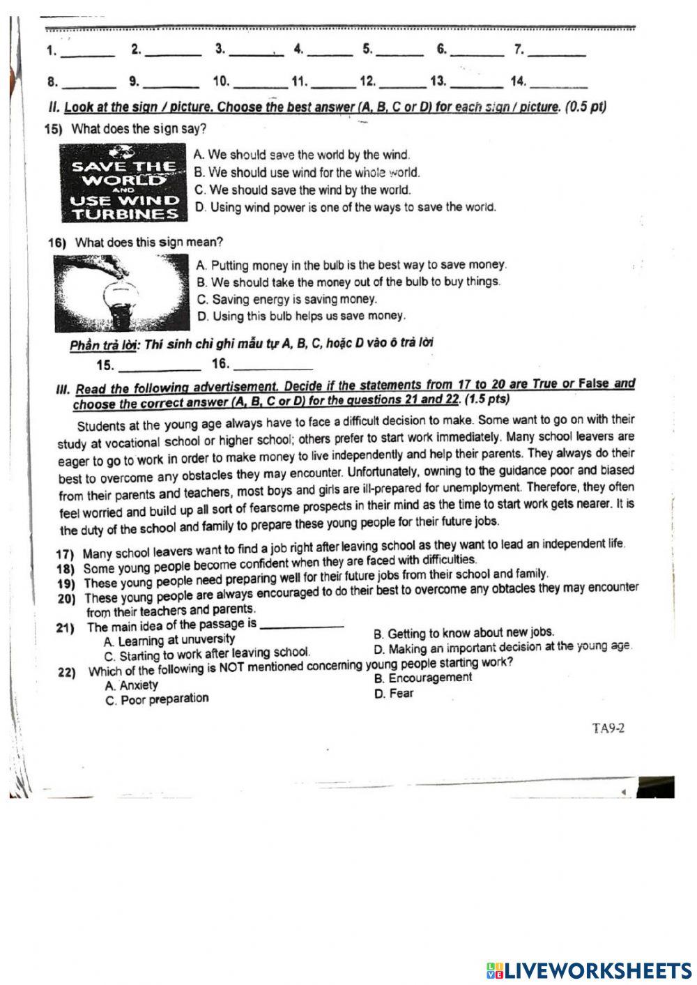 Đề thi cuối hk2 - Grade 9  - Quận Tân Phú