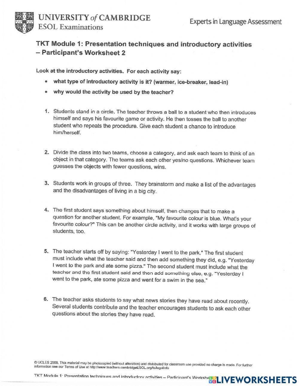 TKT Module 1: Presentation techniques and introductory activities