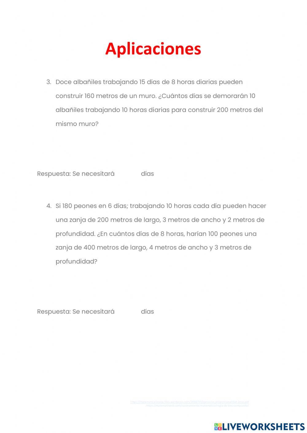 Ejercicios de Regla de tres compuesta 1 (recopilación)