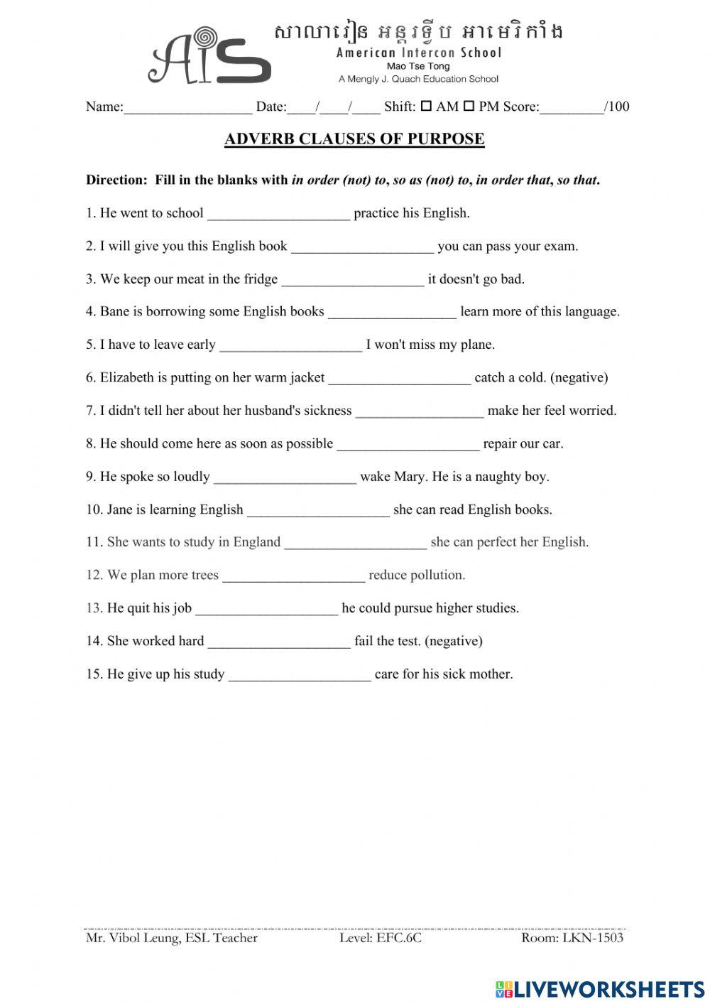 Adverb Clauses of Purpose