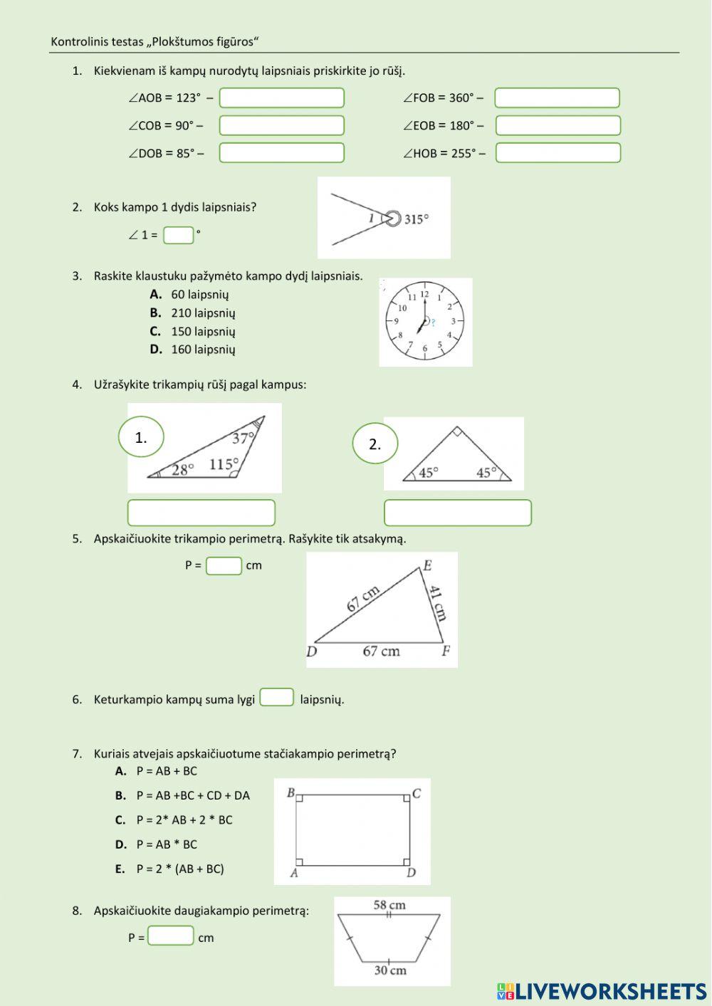 Kontrolinis testas „Plokštumos figūros“