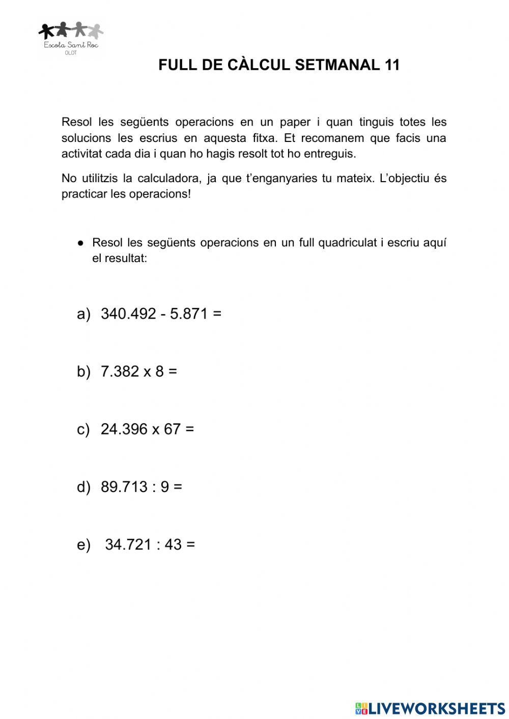 FULL DE CÀLCUL 11 5è