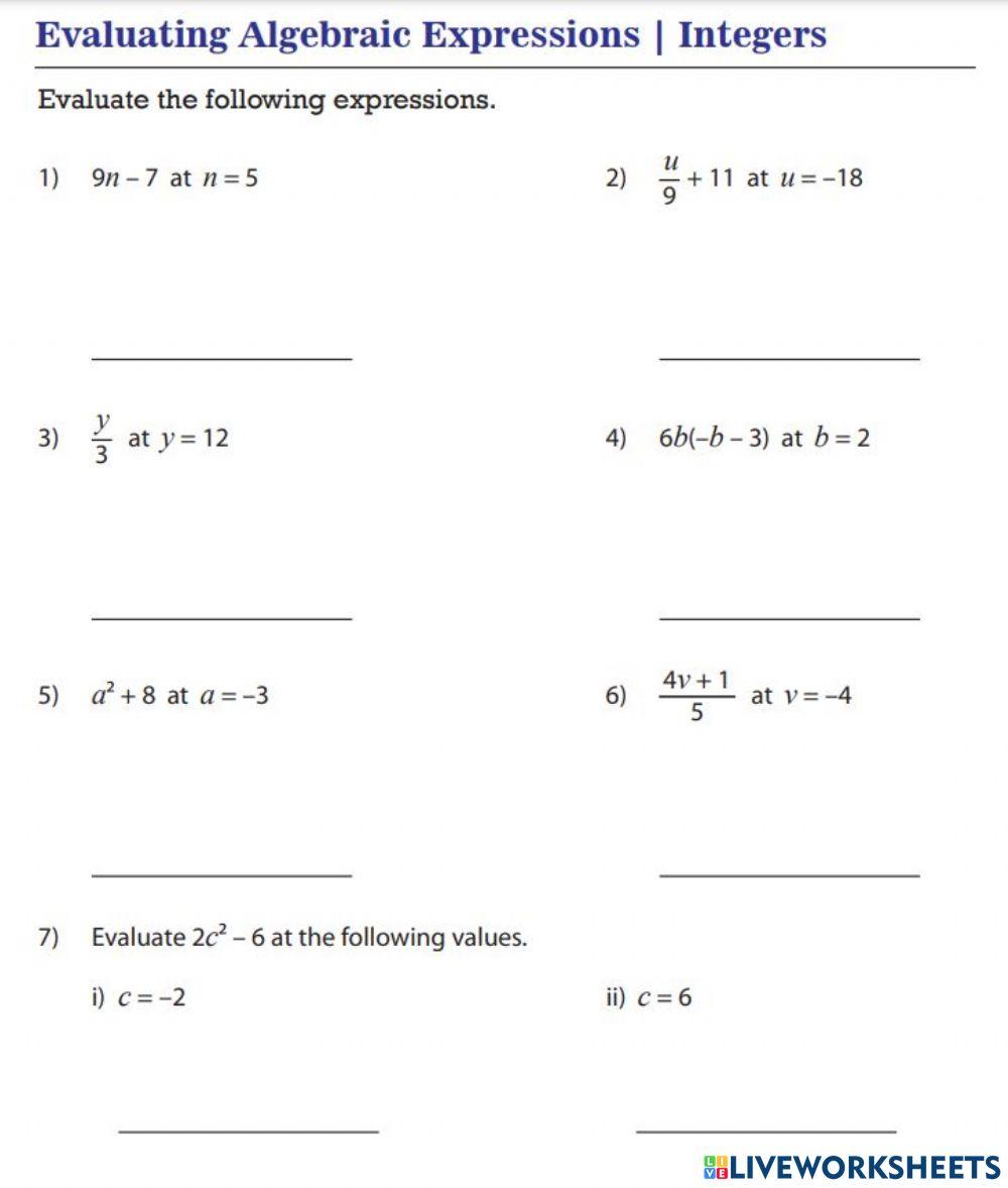Evaluating Algebraic Expressions
