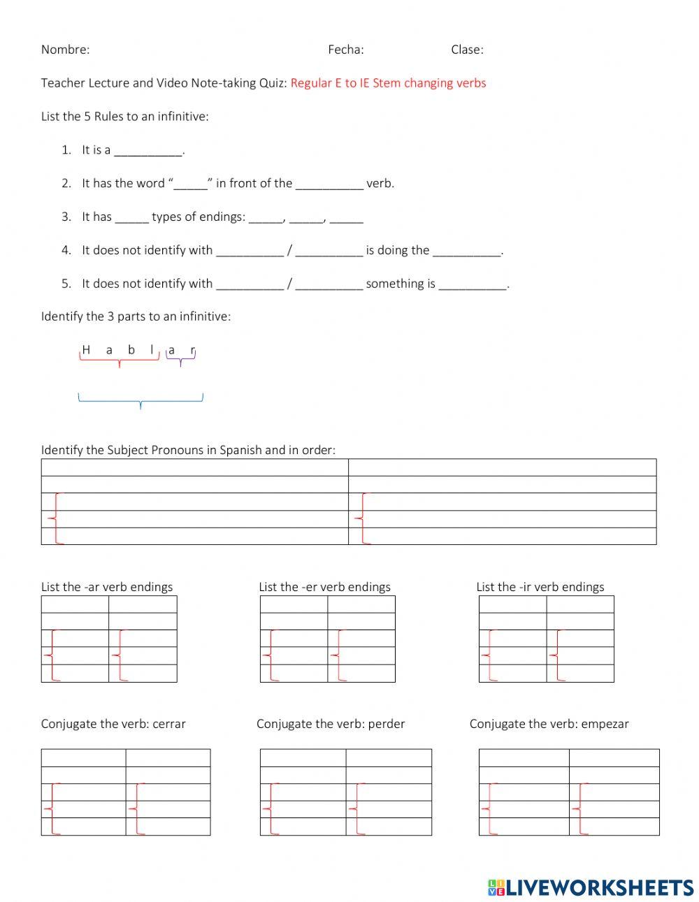 Spanish Stem Changing Verbs Quiz: Regular E to IE