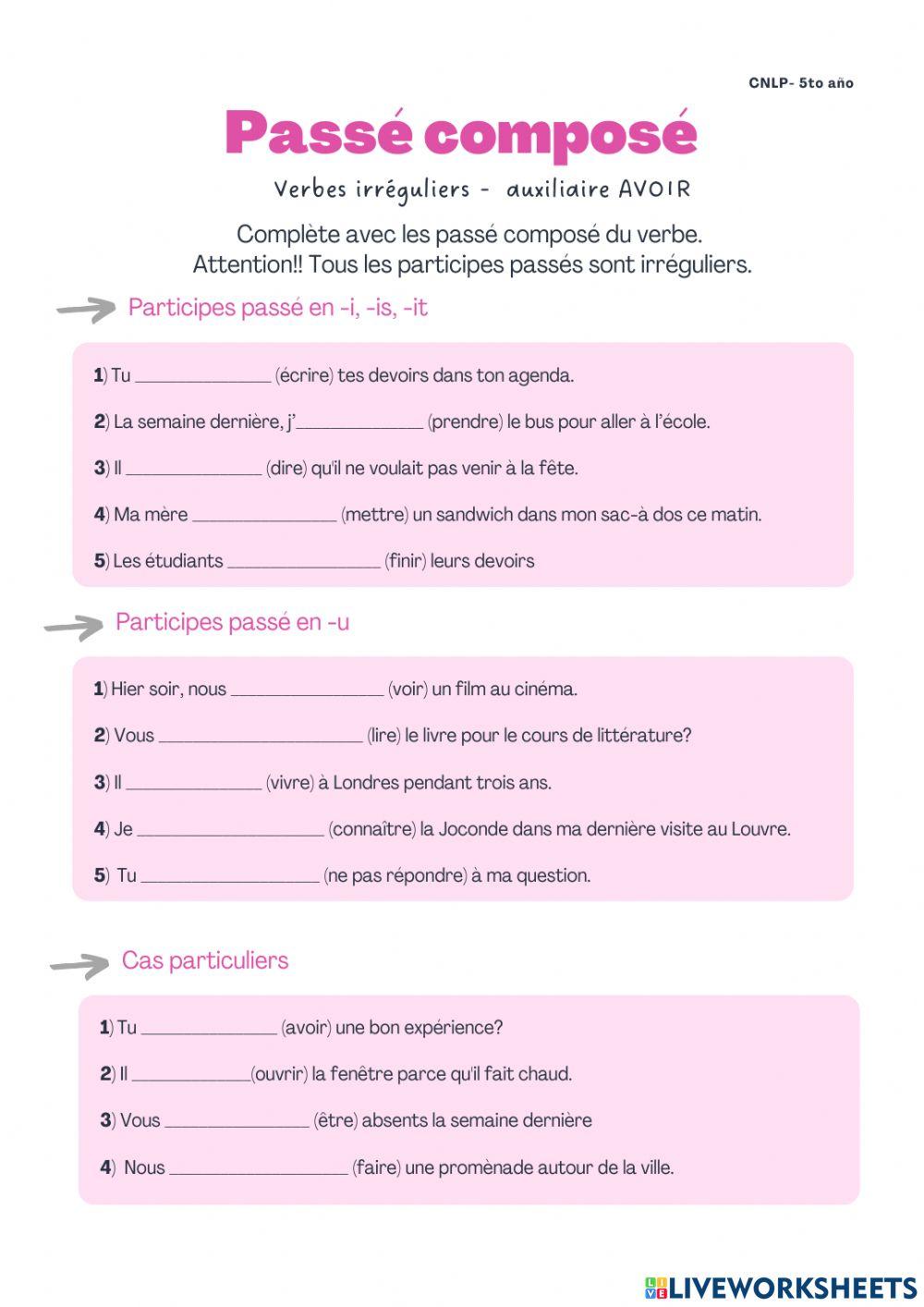 Passé composé avoir- PP iréguliers