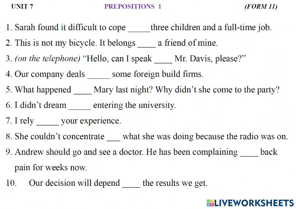 Prepositions 1 Form 11