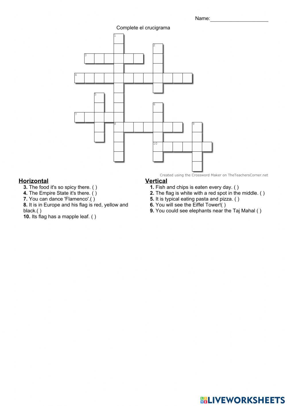 CROSSWORD COUNTRIES AND CAPITALS online exercise for Live Worksheets