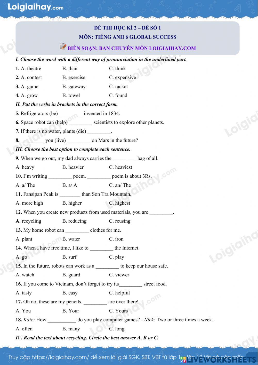 Đề thi học kỳ 2 tiếng anh 6