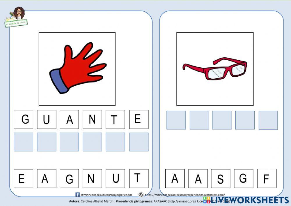 Letra g: GAFAS, GORRO, guante