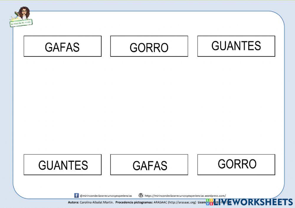 Letra g: GAFAS, GORRO, guante