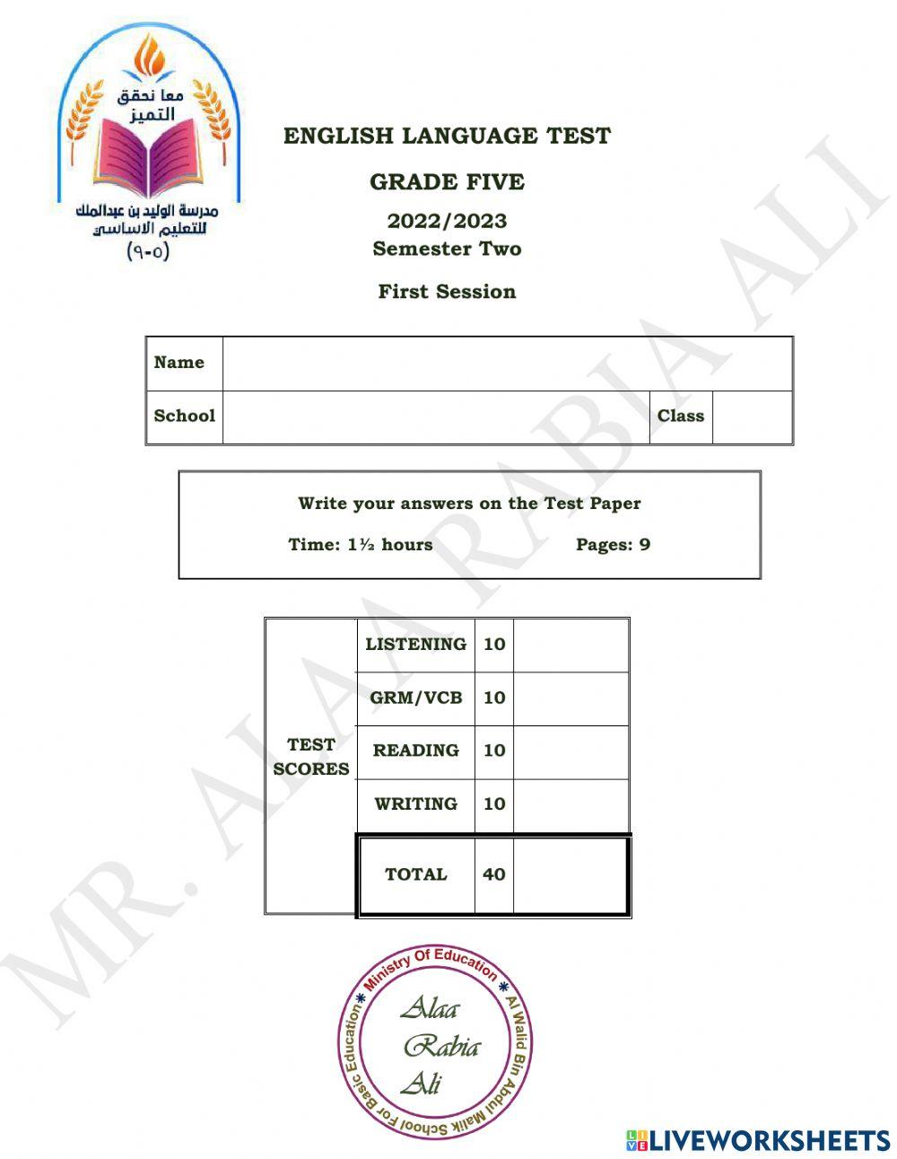 Grade 5 Mock Exam S 2 No. 2 worksheet | Live Worksheets