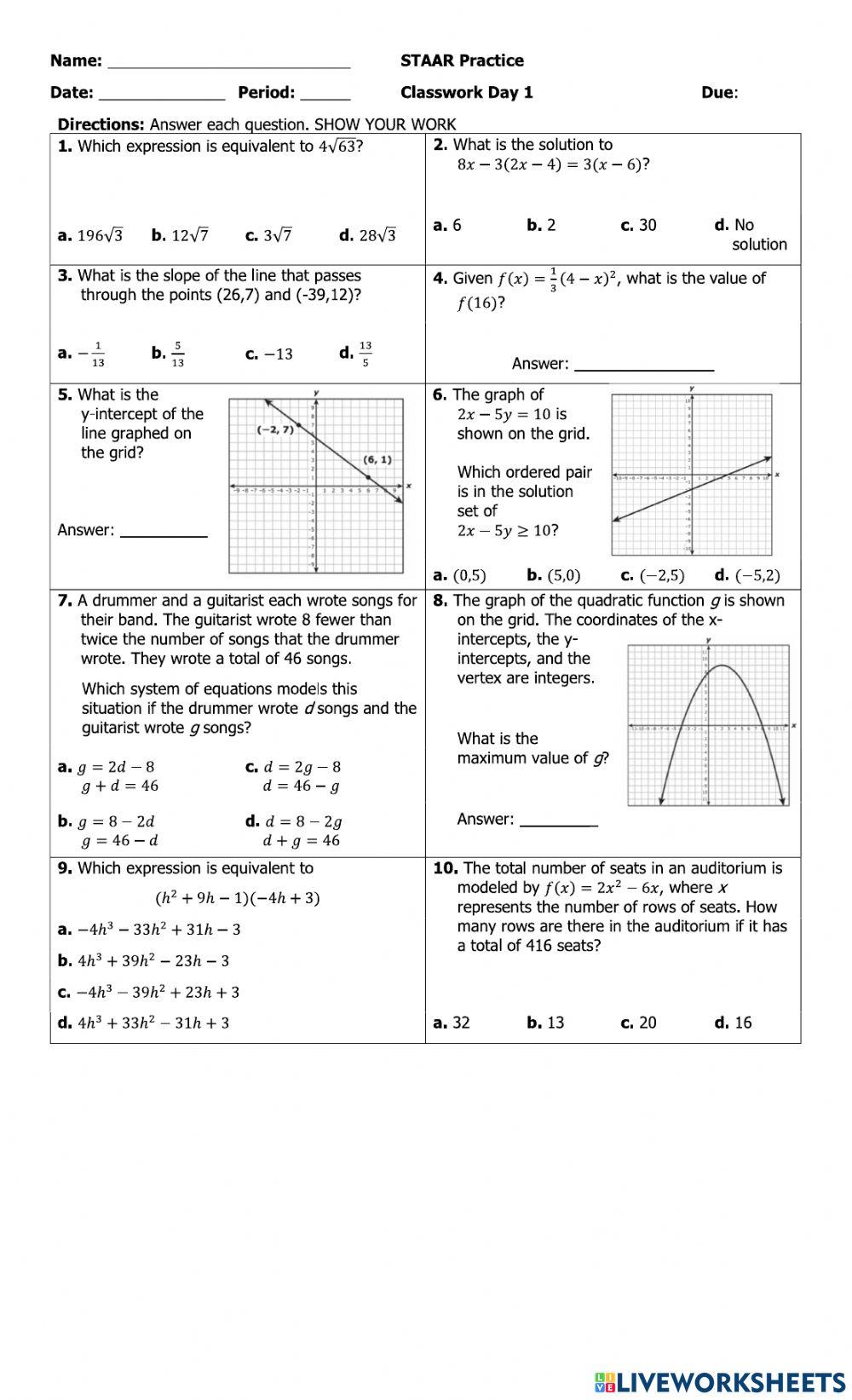 Staar review day 1 online exercise for live worksheets