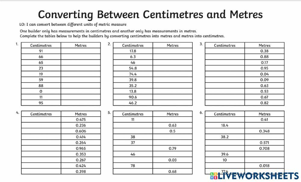 Length conversion cm to meter online exercise for live worksheets