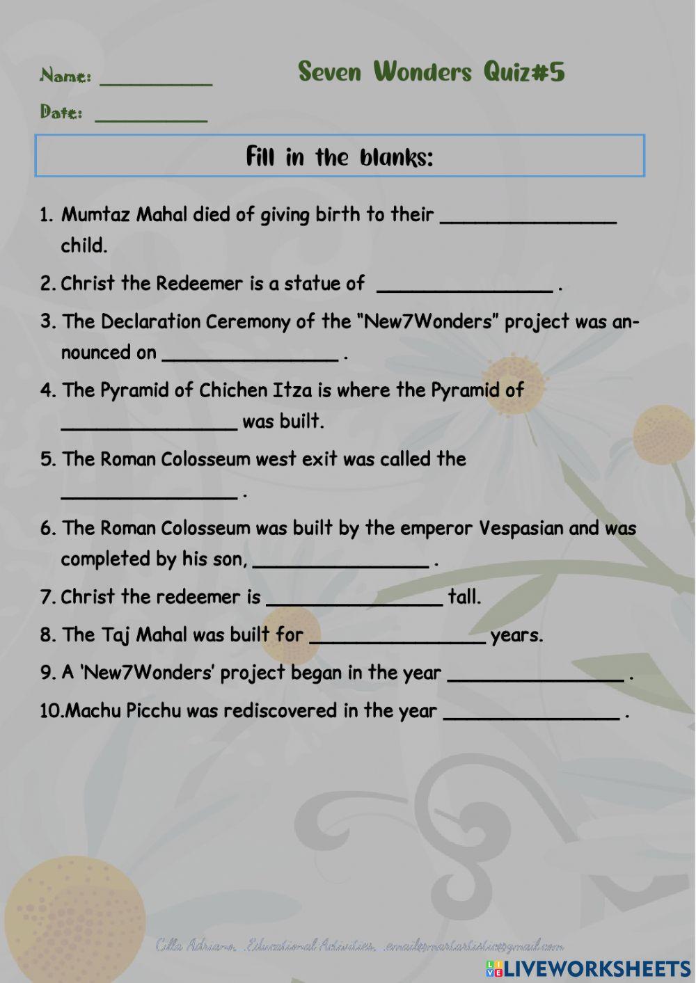 Seven Wonders Quiz 5