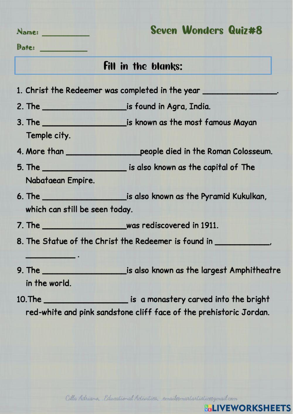 Seven Wonders Quiz 8