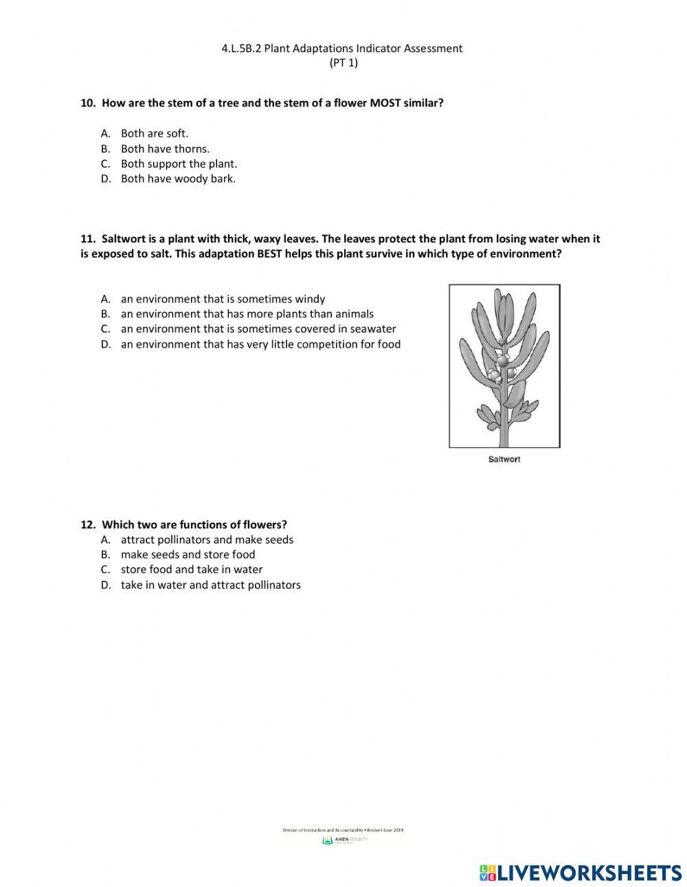 Plant Structures-Adaptations Indicator Assessment Part 1