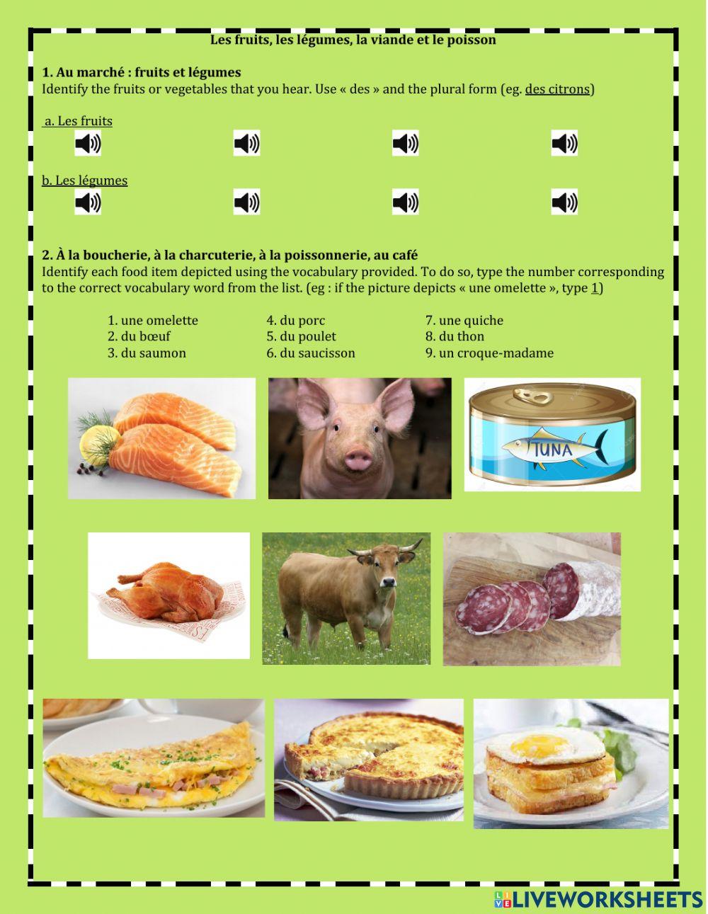 Fruits, légumes, viande, poisson, plats rapides