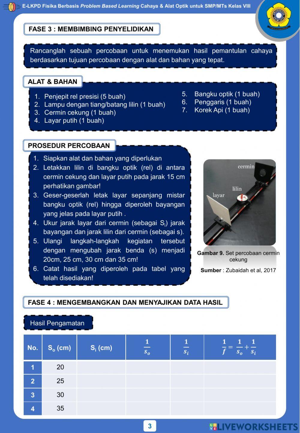 E-LKPD Fisika Berbasis PBL - Kegiatan 3 - Pembentukan Bayangan pada Cermin Cekung