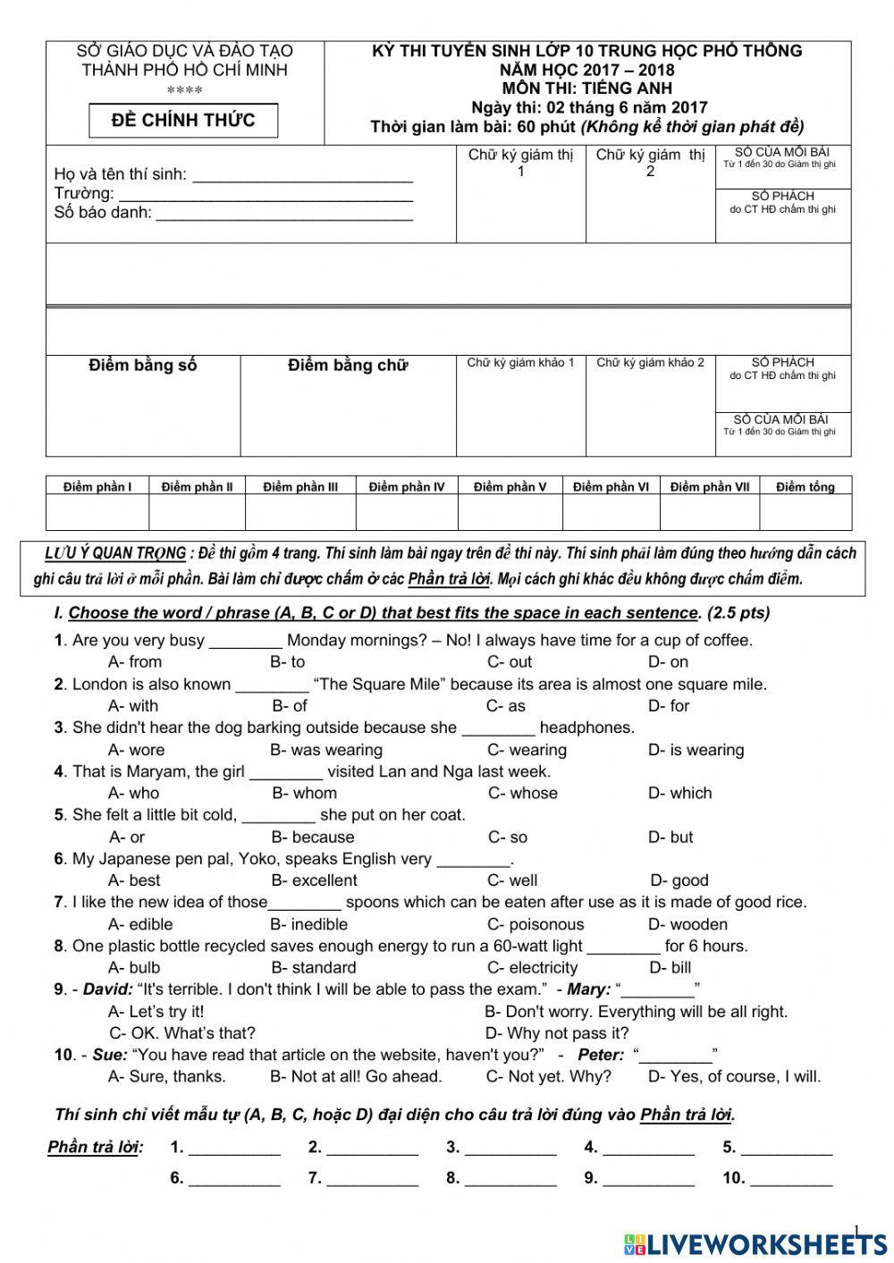 E9 tuyển sinh Anh thường 2017 - 2018