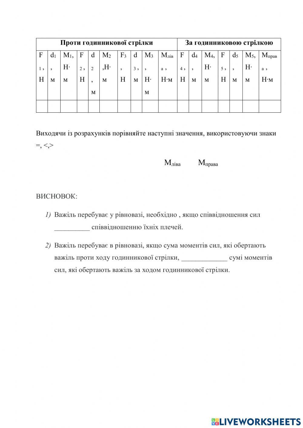 Лабораторна робота Умови з'ясування умов рівноваги важелей