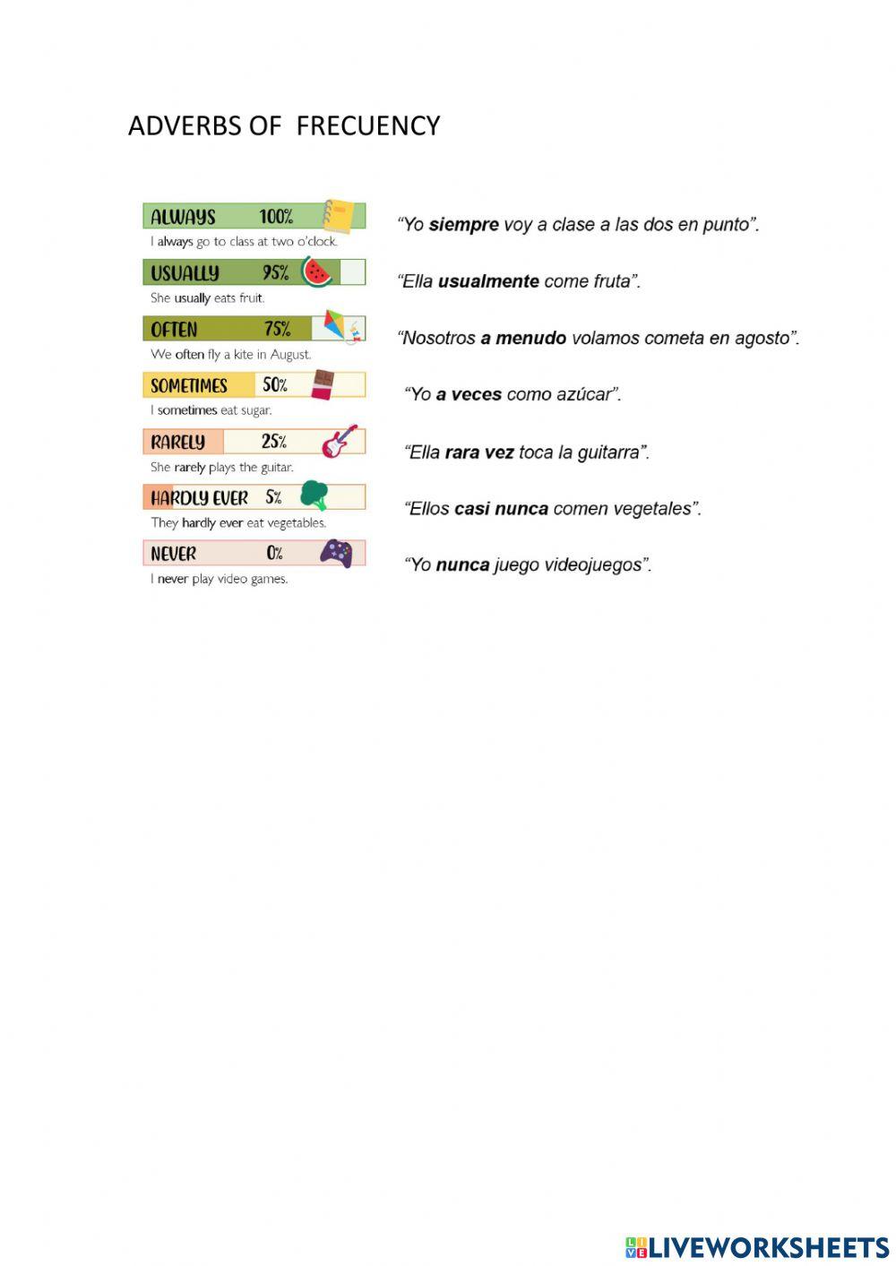 ADVERBIOS DE FRECUENCIA online exercise for Live Worksheets ADVERBIOS DE FRECUENCIA online exercise for Live Worksheets