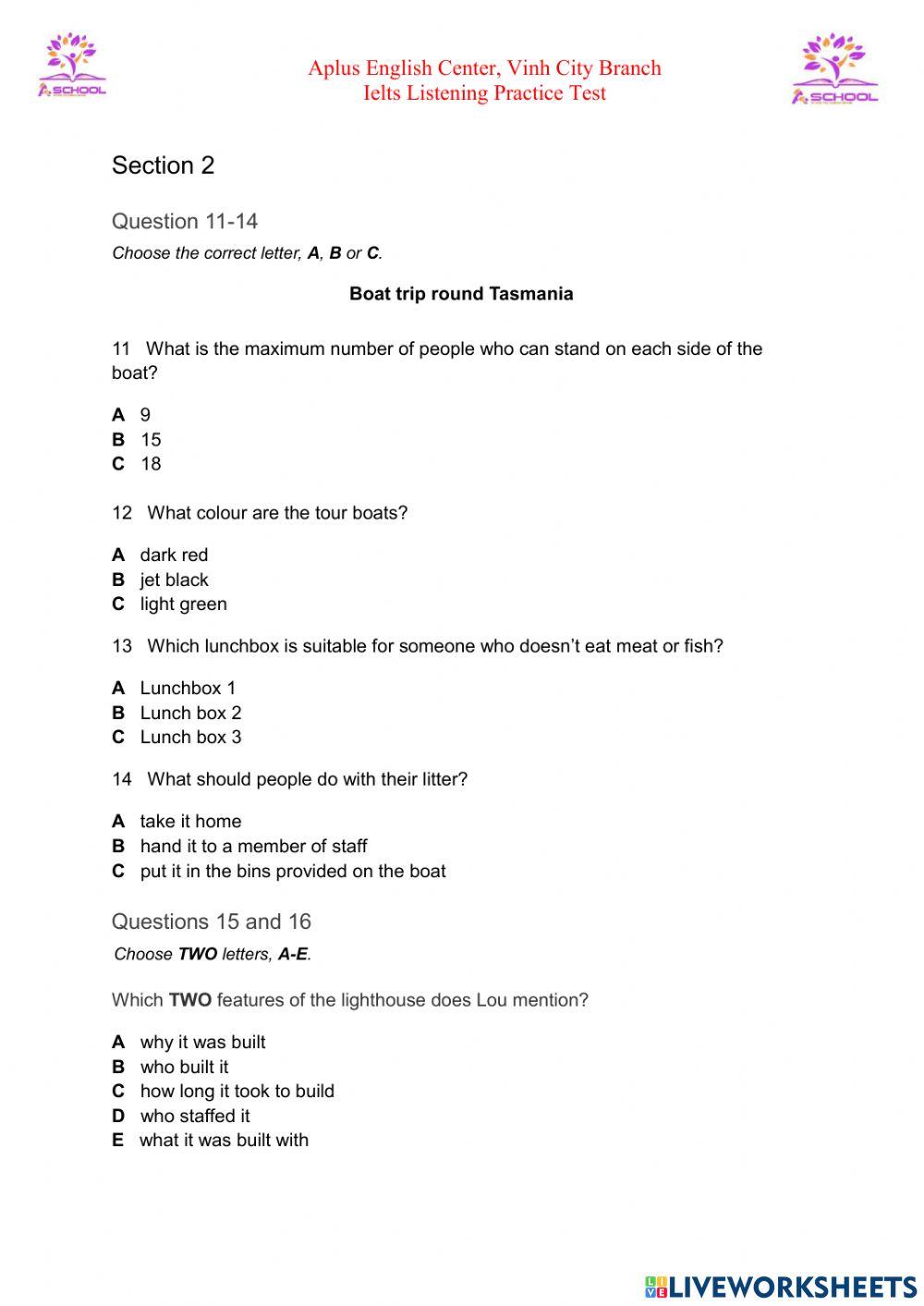 Aplus english center vinh ielts listening test 1 online exercise for