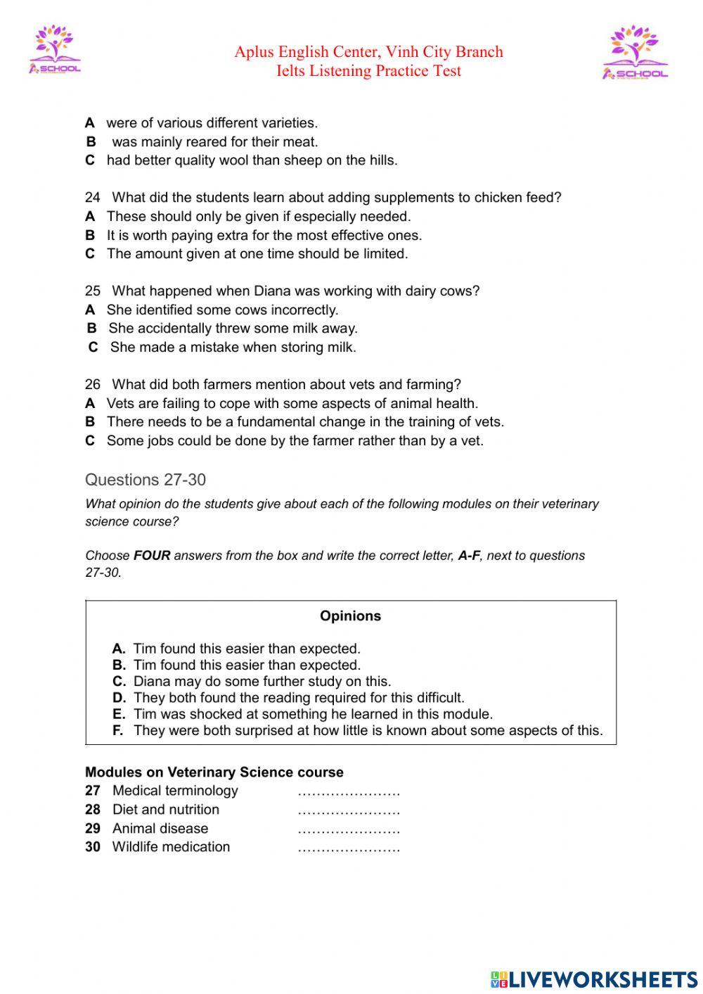 Aplus english center vinh ielts listening test 1 online exercise for