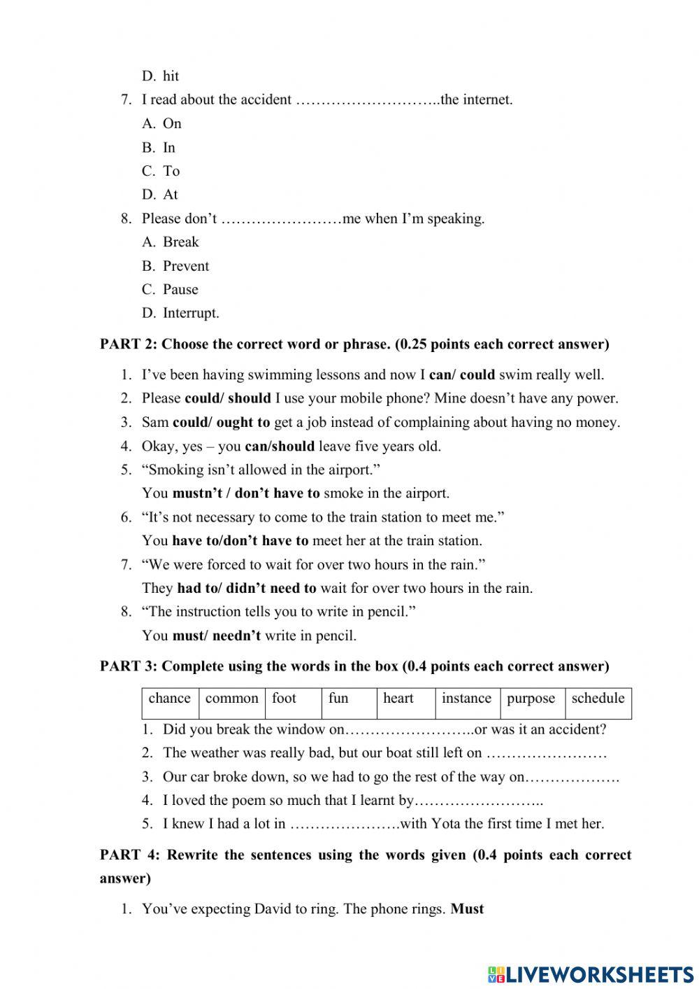 Progress Test B1 - Communicative Grammar