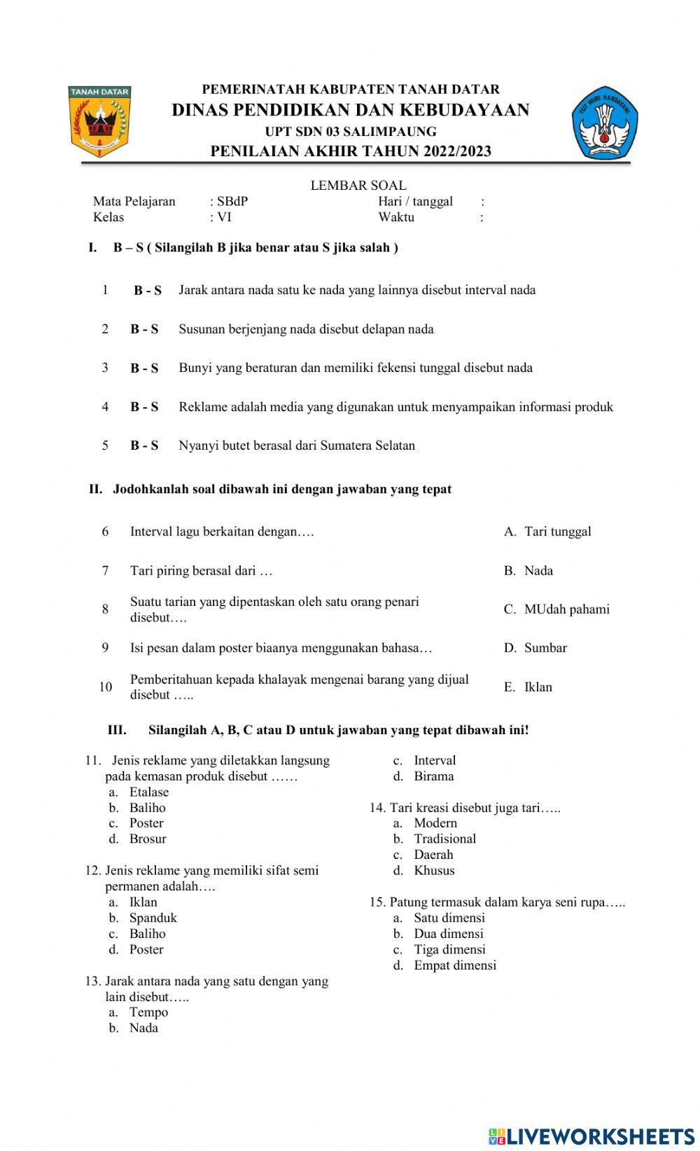 Soal pat sbdp KELAS VI