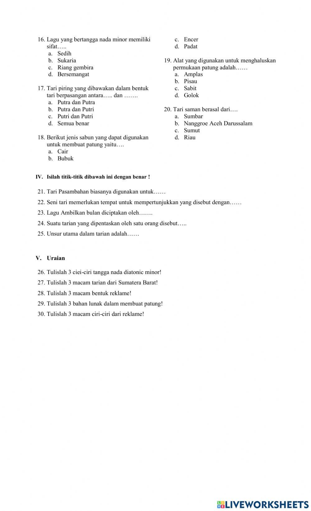 Soal pat sbdp KELAS VI