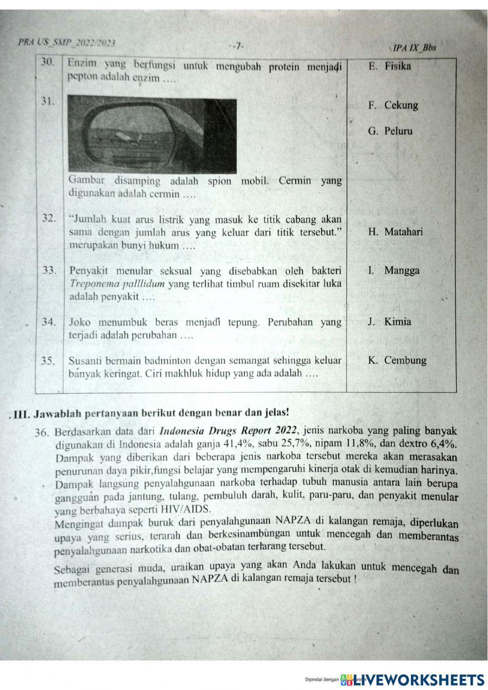 Latihan soal pts ipa genap kelas 9 TP 2022-2023