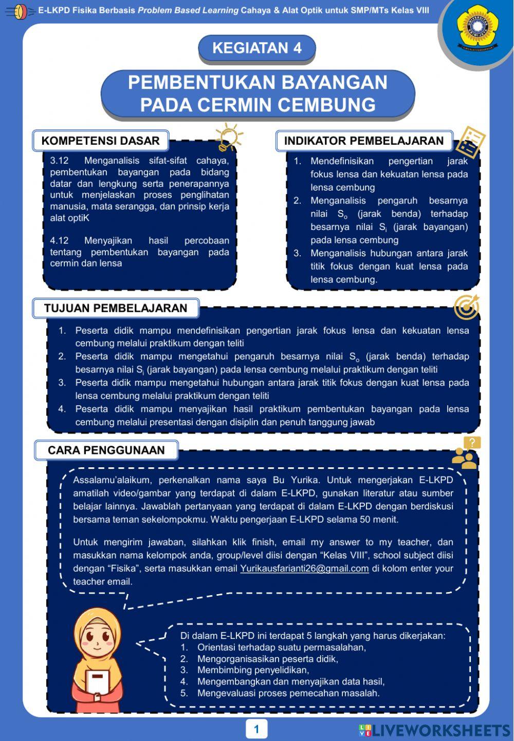 E-LKPD Fisika Berbasis Problem Based Learning Kegiatan 4 - Pembentukan Bayangan pada Cermin Cembung