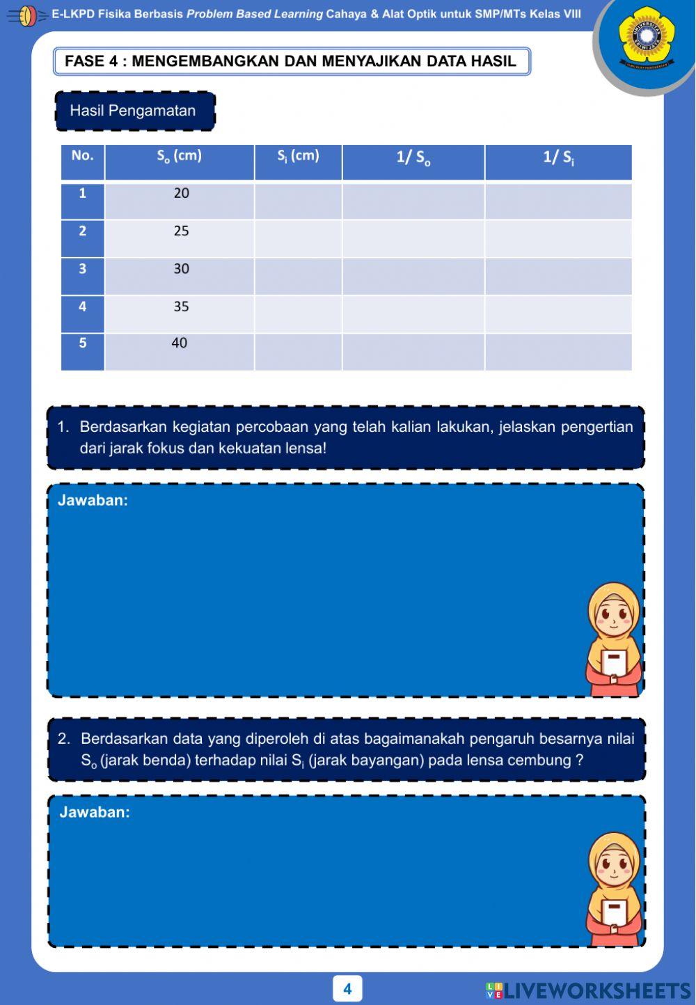 E-LKPD Fisika Berbasis Problem Based Learning Kegiatan 4 - Pembentukan Bayangan pada Cermin Cembung