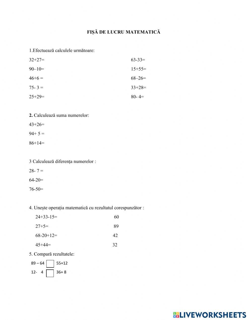 Fișă de lucru- Matematică