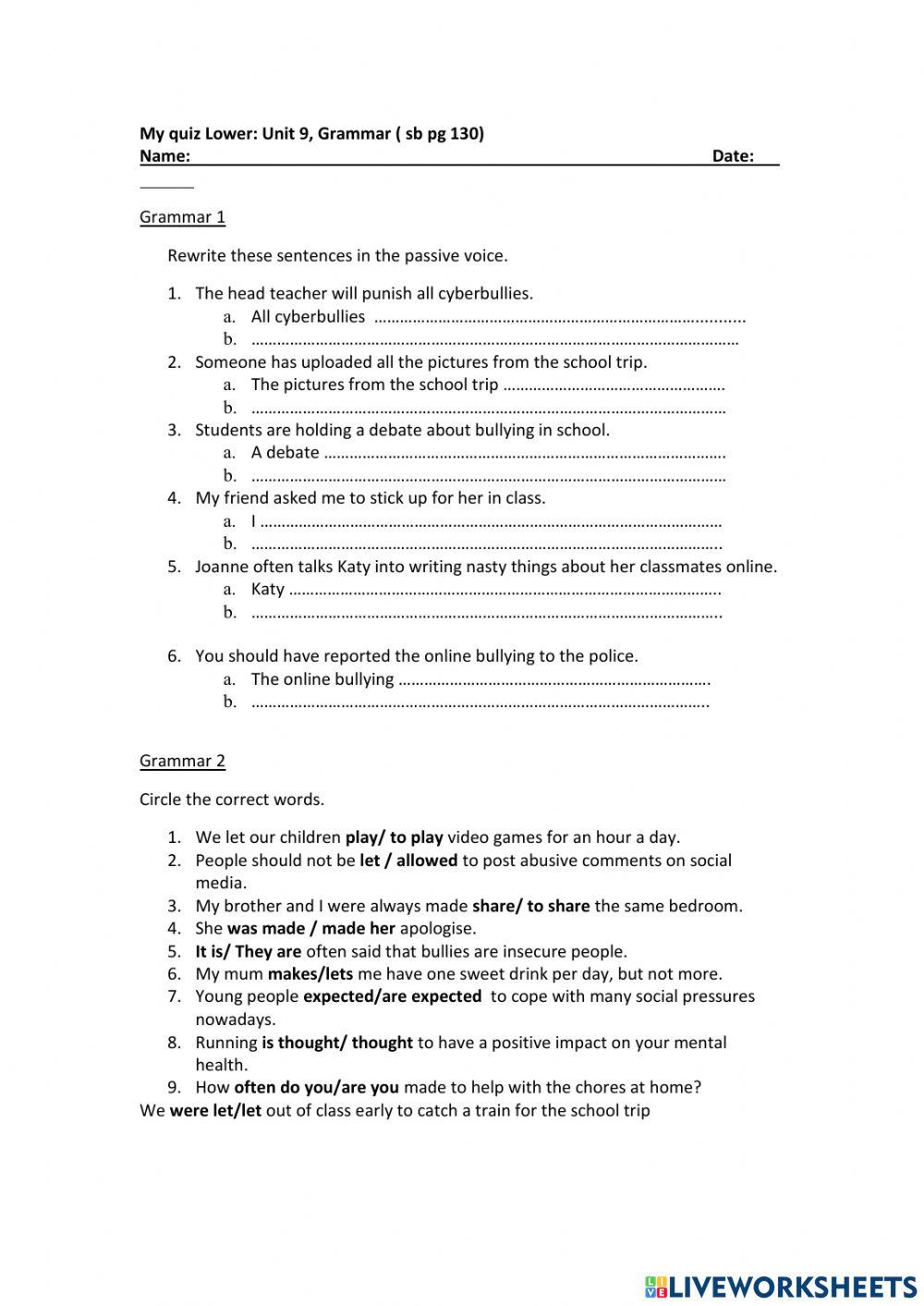 My quiz Lower: Unit 9, Grammar