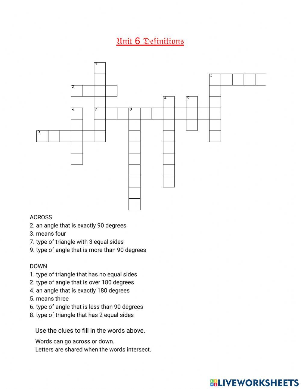 Unit 6 types of angles and triangles CROSSWORD worksheet Live Worksheets