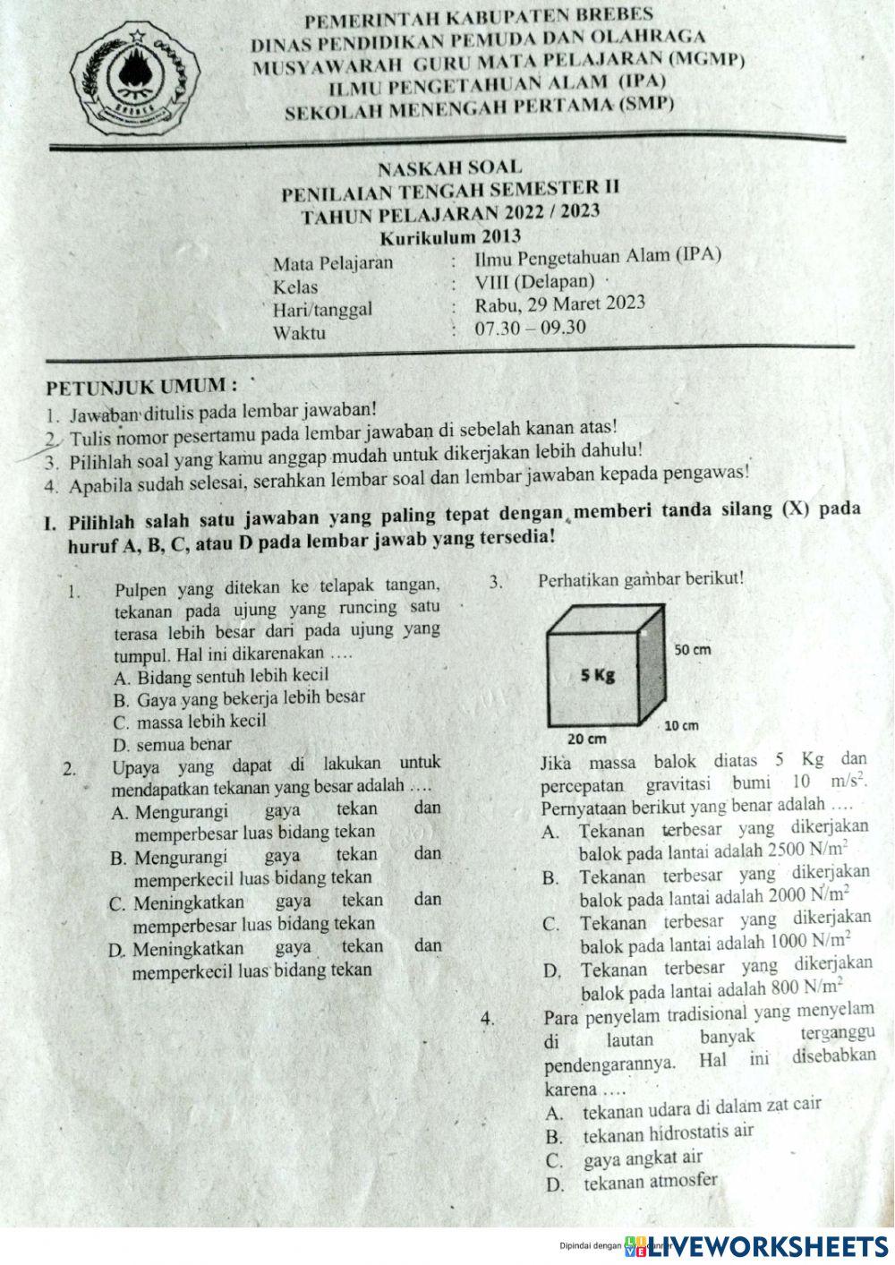 Latihan soal pts IPA SMT 2 KELAS 8 TP 2022-2023