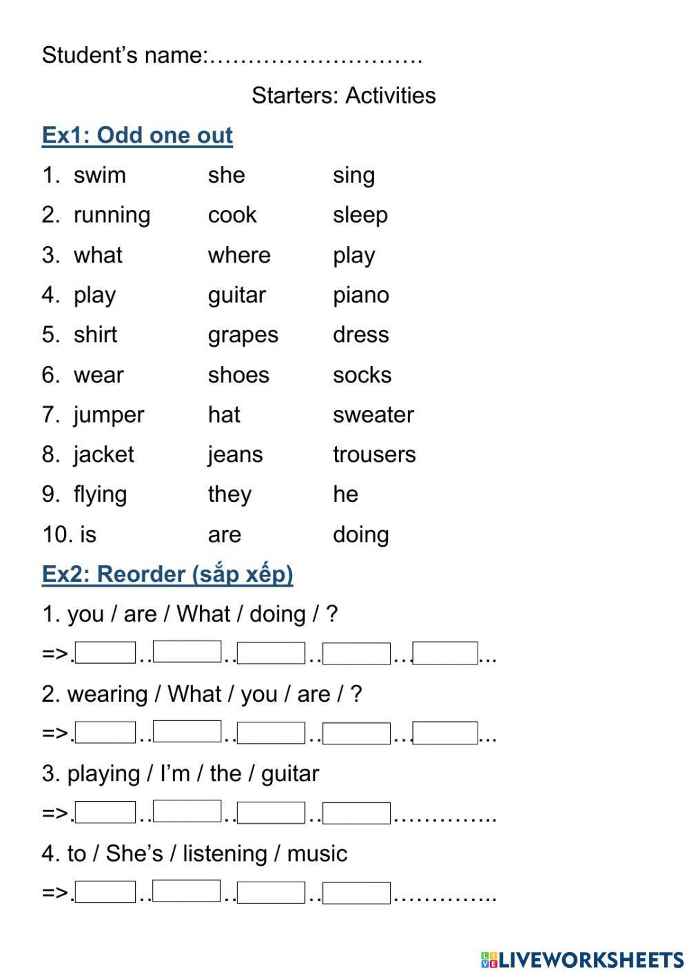 Starters clothes and activities