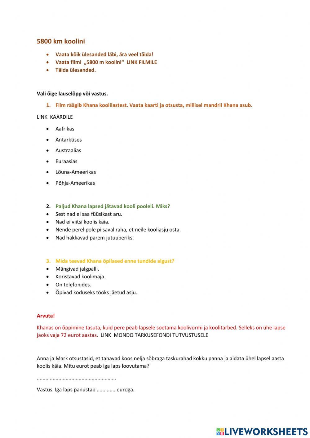 Filmiülesanne -5800 km koolini-, 4. klassile