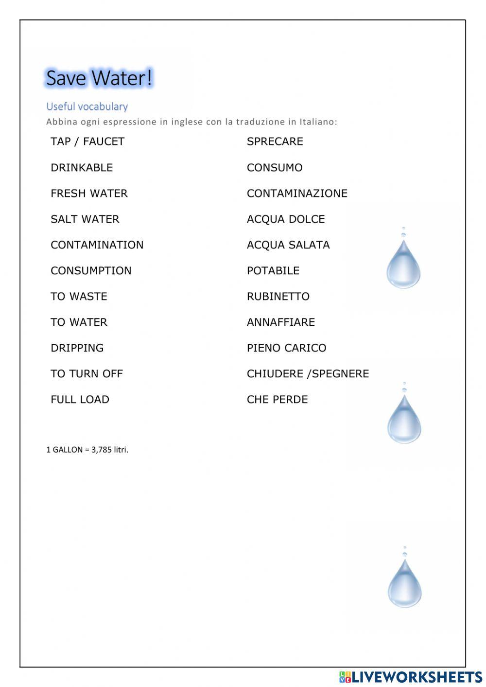 Save Water pre-task matching vocabulary activity