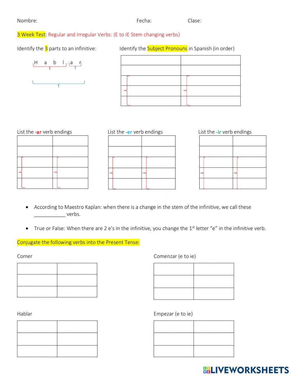 Regular and Irregular Verbs (E to IE) - Present Tense