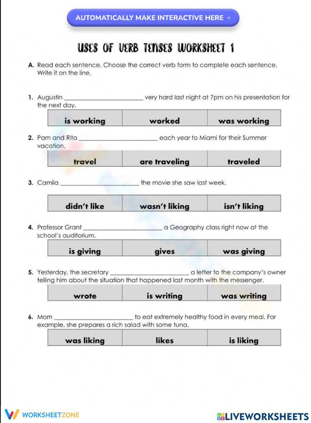 Uses of Verb Tenses Worksheet 1
