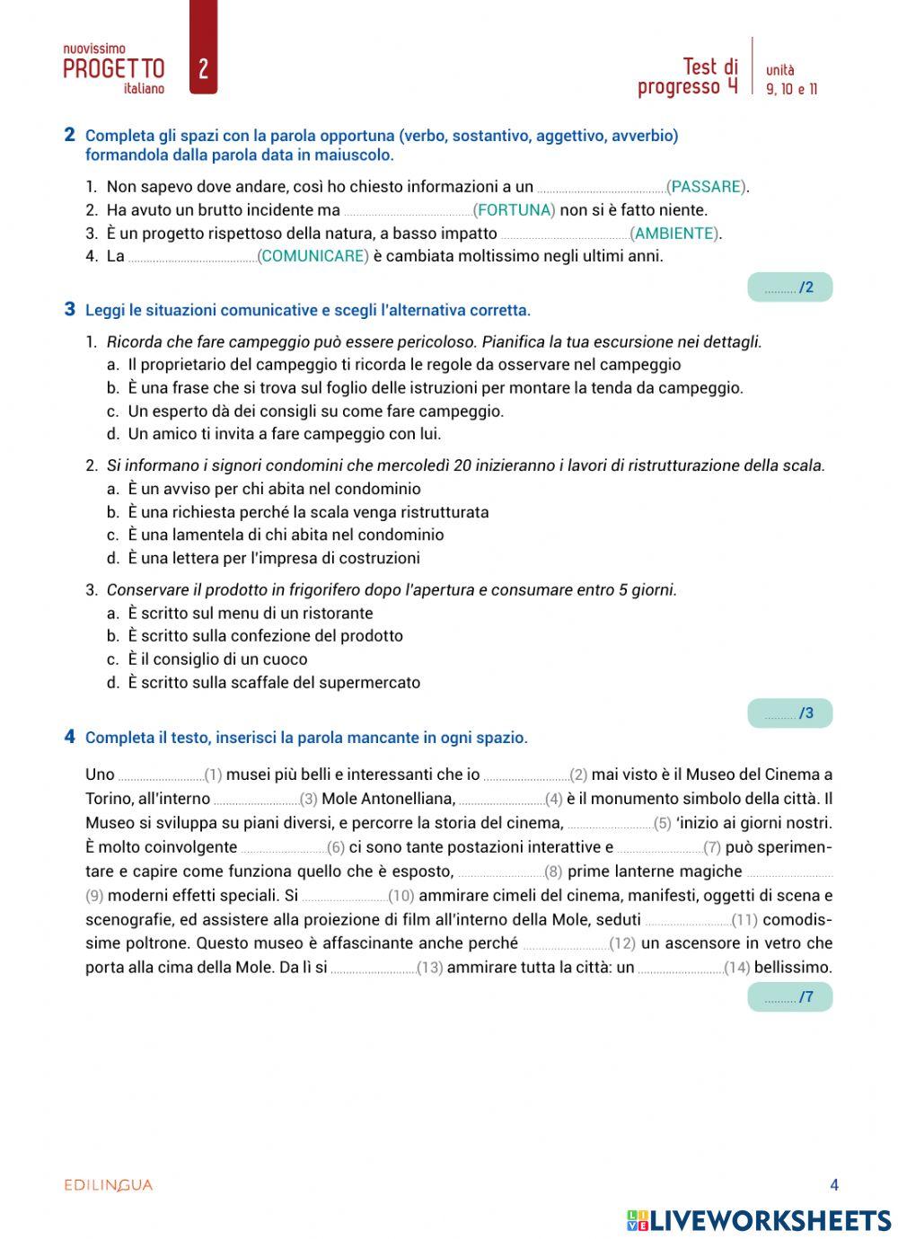 Test di progresso 4, unità 9,10,11