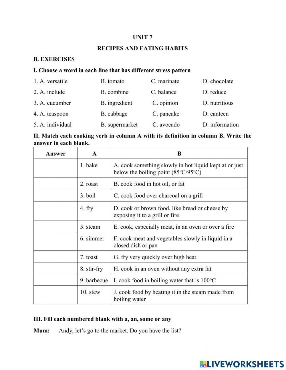 Practice test - Unit 7 - RECIPES AND EATING HABITS