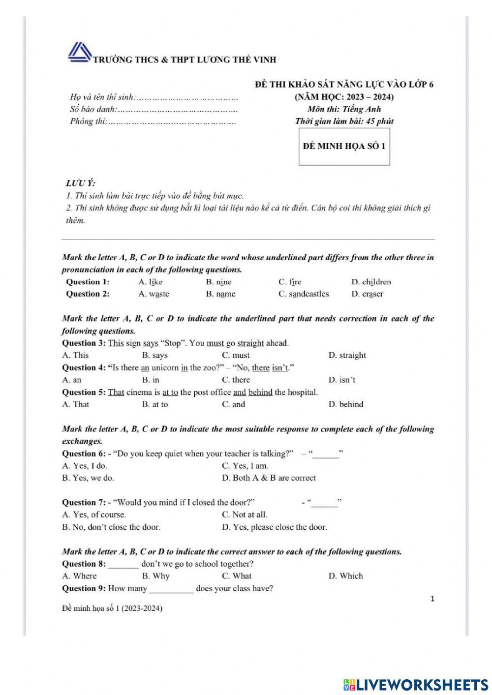 Đề minh hoạ thi vào 6 LTV 23-24