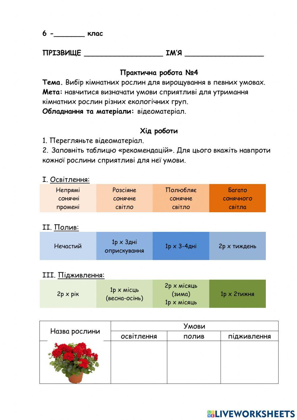 Практична робота. Вибір кімнатних рослин для вирощування в певних умовах.