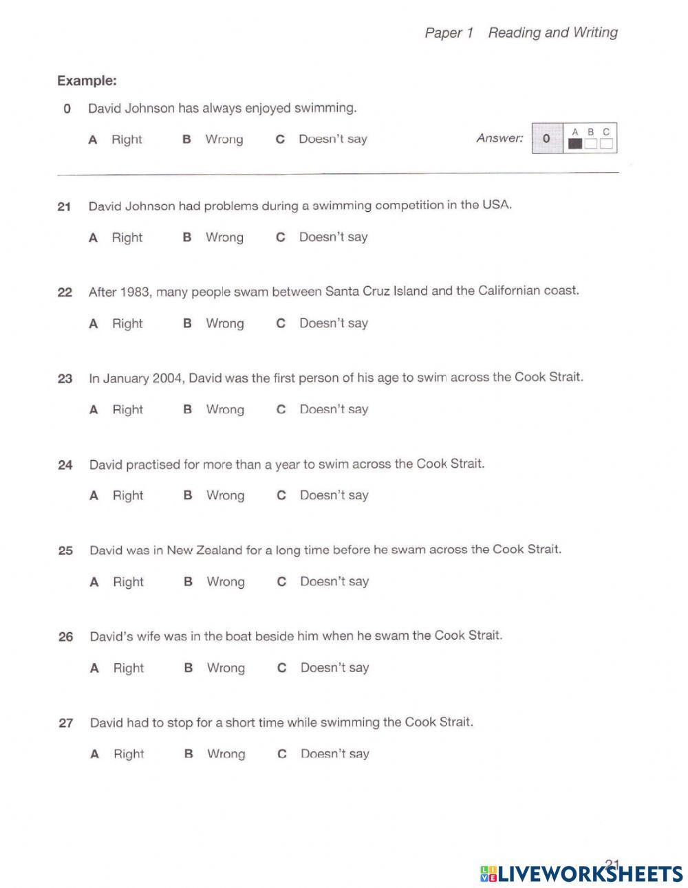 A2 Reading Test Online Free