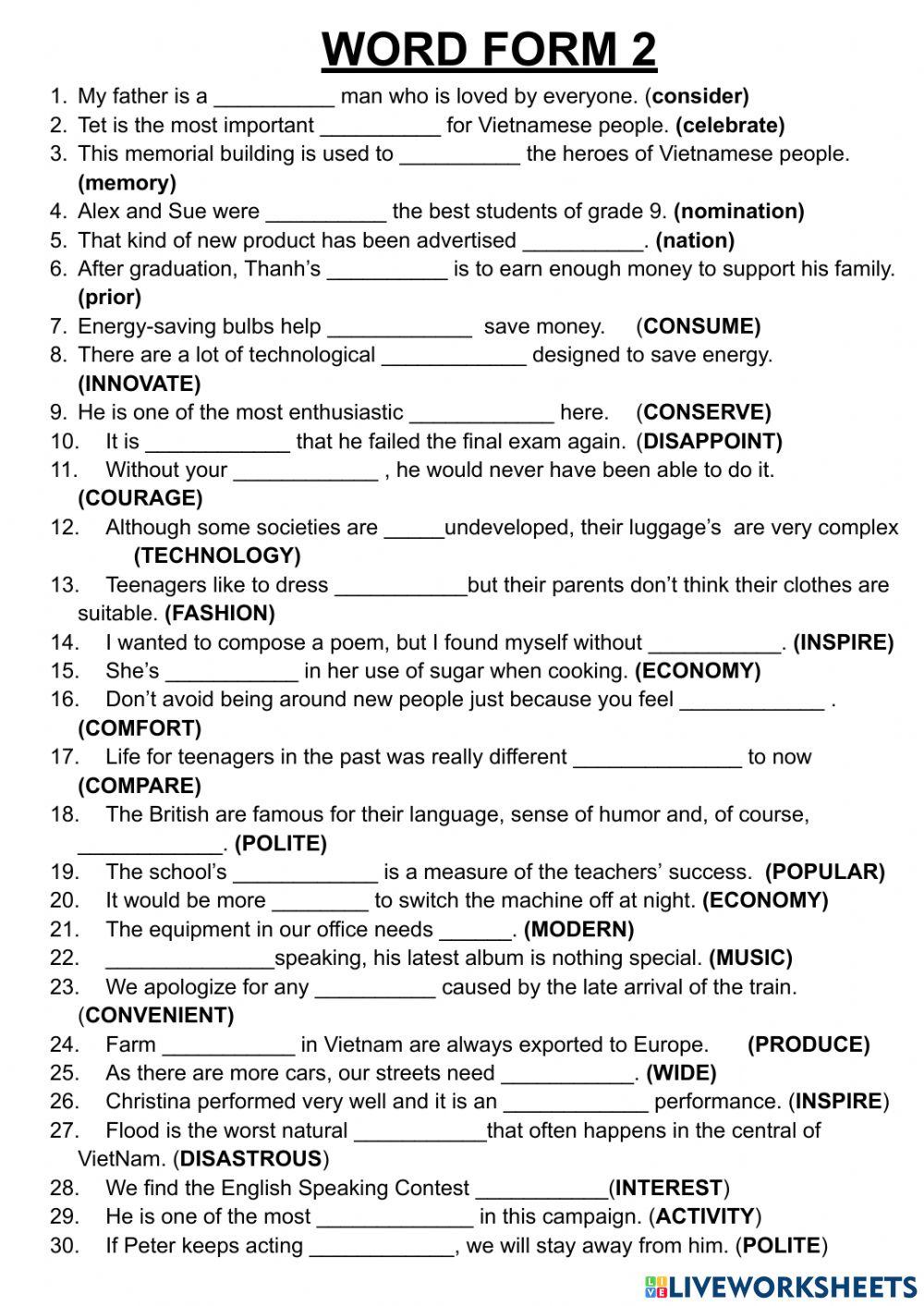 Grade 9 - word form 2